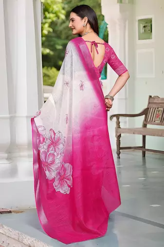 white printed pure cotton white, pink saree with blouse