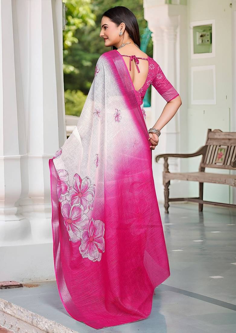 white printed pure cotton white, pink saree with blouse
