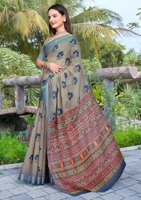 multicolor printed pure cotton multicolor saree with blouse 4