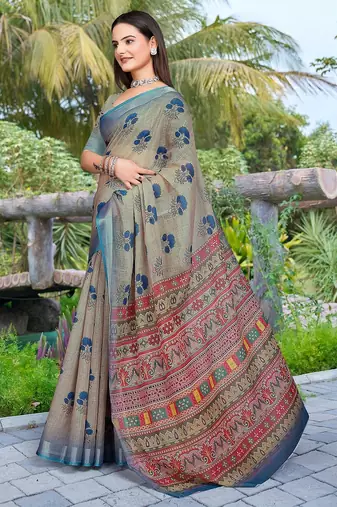 multicolor printed pure cotton multicolor saree with blouse