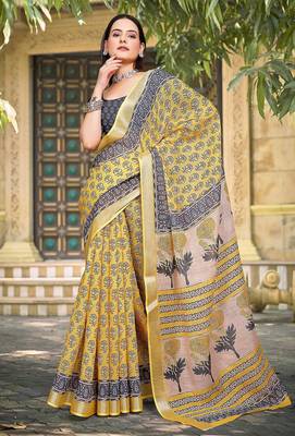 mustard printed pure cotton mustard saree with blouse 1