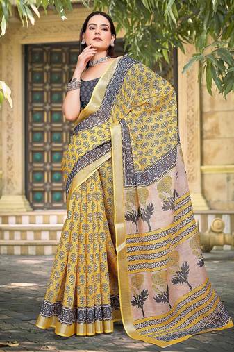 mustard printed pure cotton mustard saree with blouse