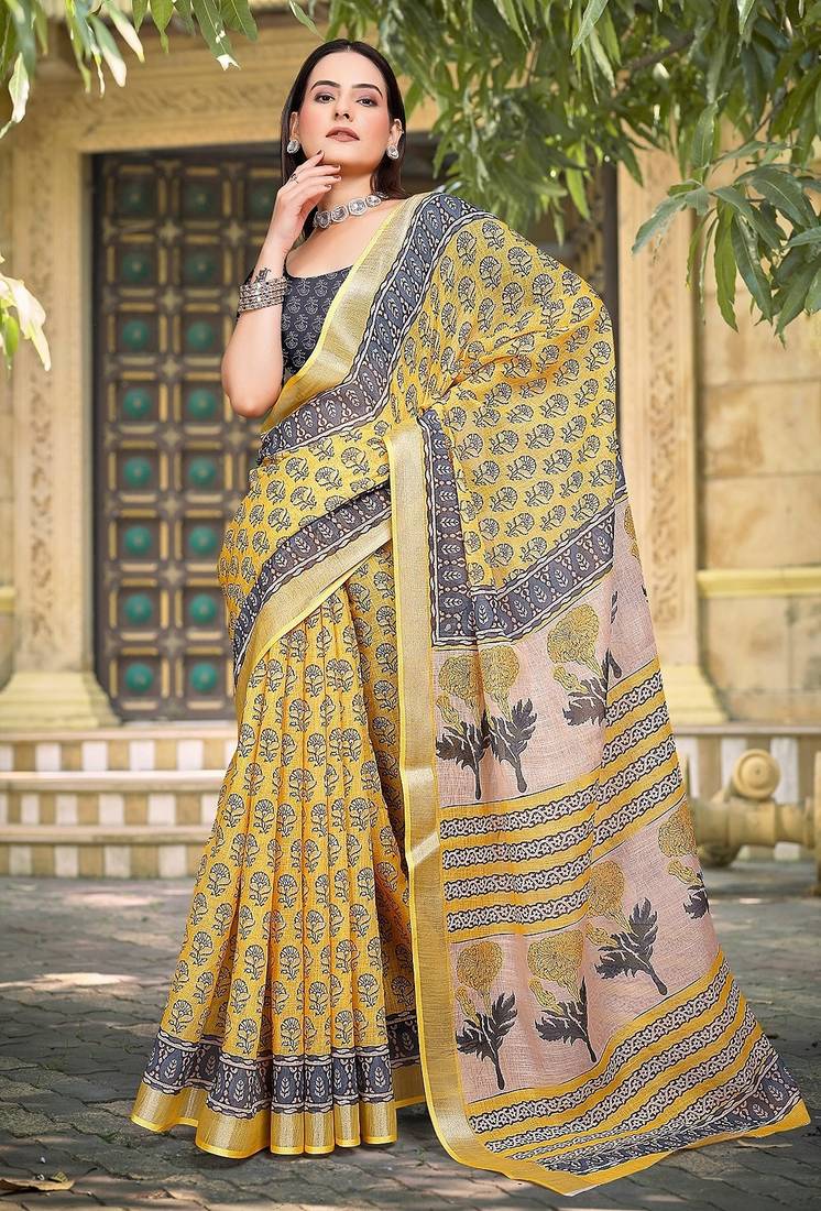 mustard printed pure cotton mustard saree with blouse