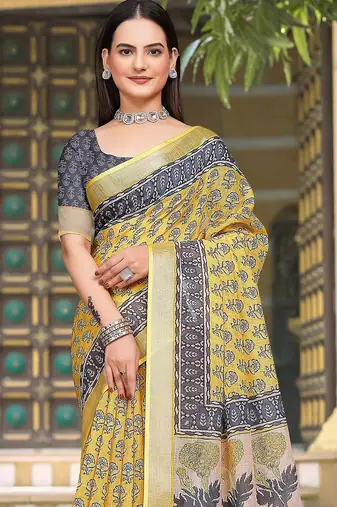 mustard printed pure cotton mustard saree with blouse