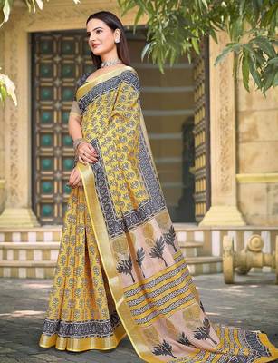 mustard printed pure cotton mustard saree with blouse 4