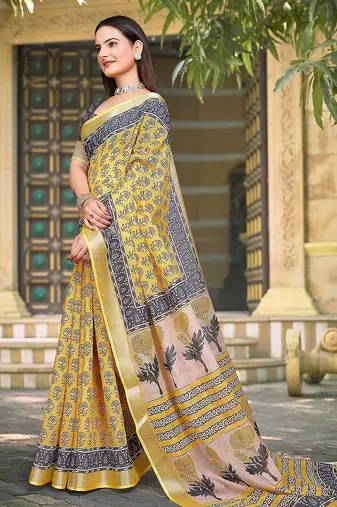 mustard printed pure cotton mustard saree with blouse
