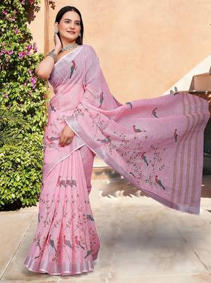 light_pink printed pure cotton light pink saree with blouse 1
