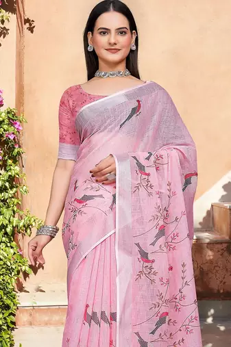 light_pink printed pure cotton light pink saree with blouse