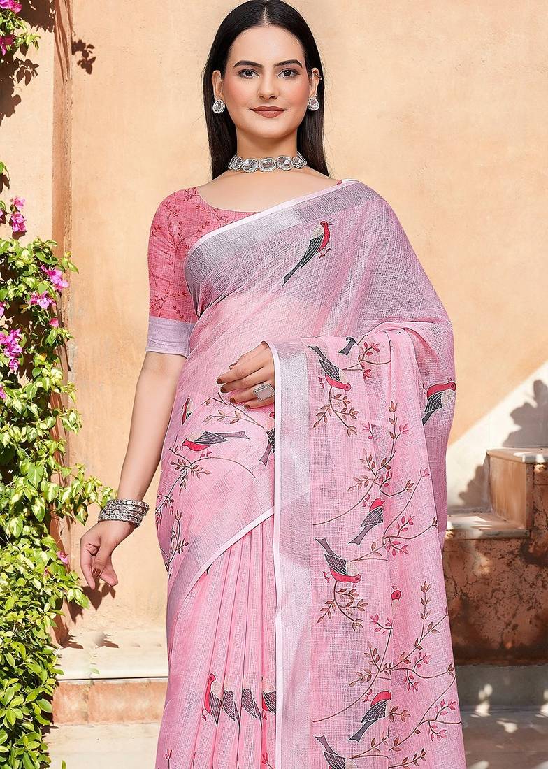light_pink printed pure cotton light pink saree with blouse