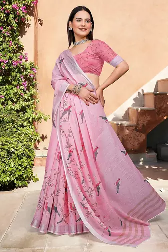 light_pink printed pure cotton light pink saree with blouse