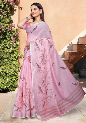 light_pink printed pure cotton light pink saree with blouse 4