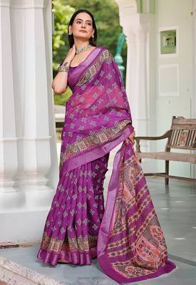 magenta printed pure cotton magenta saree with blouse 1