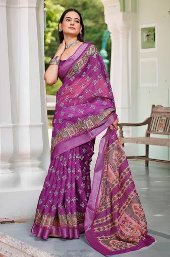 magenta printed pure cotton magenta saree with blouse