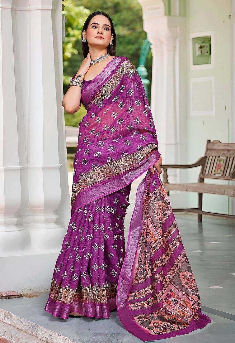 magenta printed pure cotton magenta saree with blouse