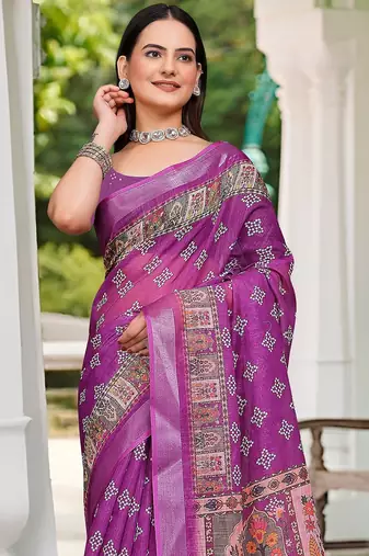magenta printed pure cotton magenta saree with blouse