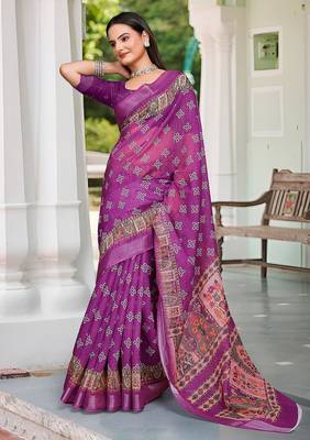 magenta printed pure cotton magenta saree with blouse 3