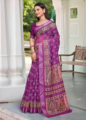 magenta printed pure cotton magenta saree with blouse 4