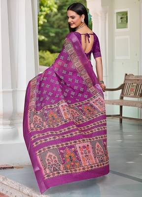 magenta printed pure cotton magenta saree with blouse 5