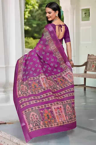 magenta printed pure cotton magenta saree with blouse