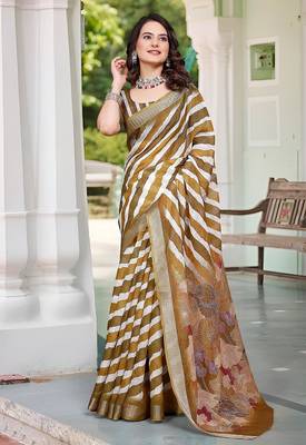 brown printed pure cotton brown saree with blouse 1