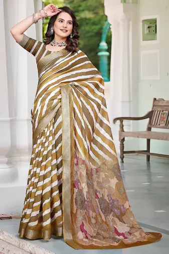 brown printed pure cotton brown saree with blouse
