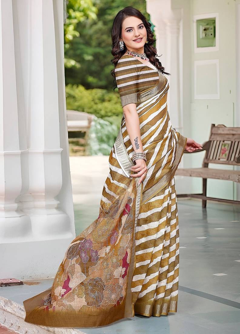 brown printed pure cotton brown saree with blouse