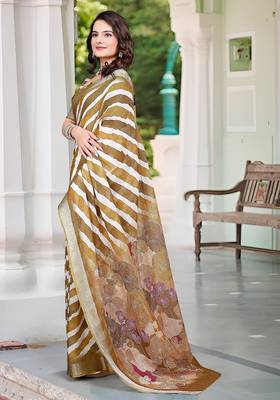 brown printed pure cotton brown saree with blouse 4