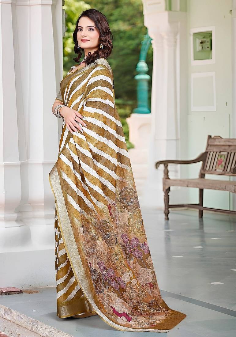 brown printed pure cotton brown saree with blouse