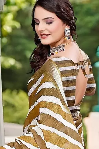 brown printed pure cotton brown saree with blouse