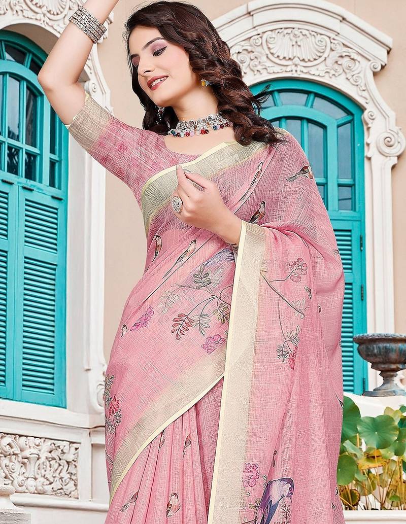 peach printed pure cotton peach saree with blouse