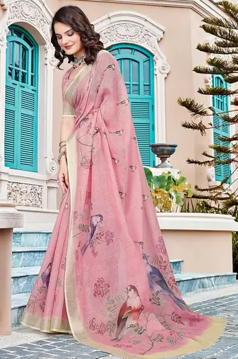 peach printed pure cotton peach saree with blouse