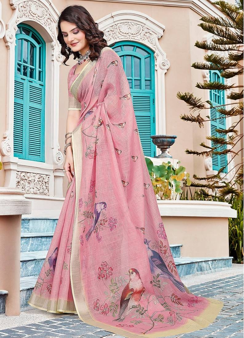 peach printed pure cotton peach saree with blouse