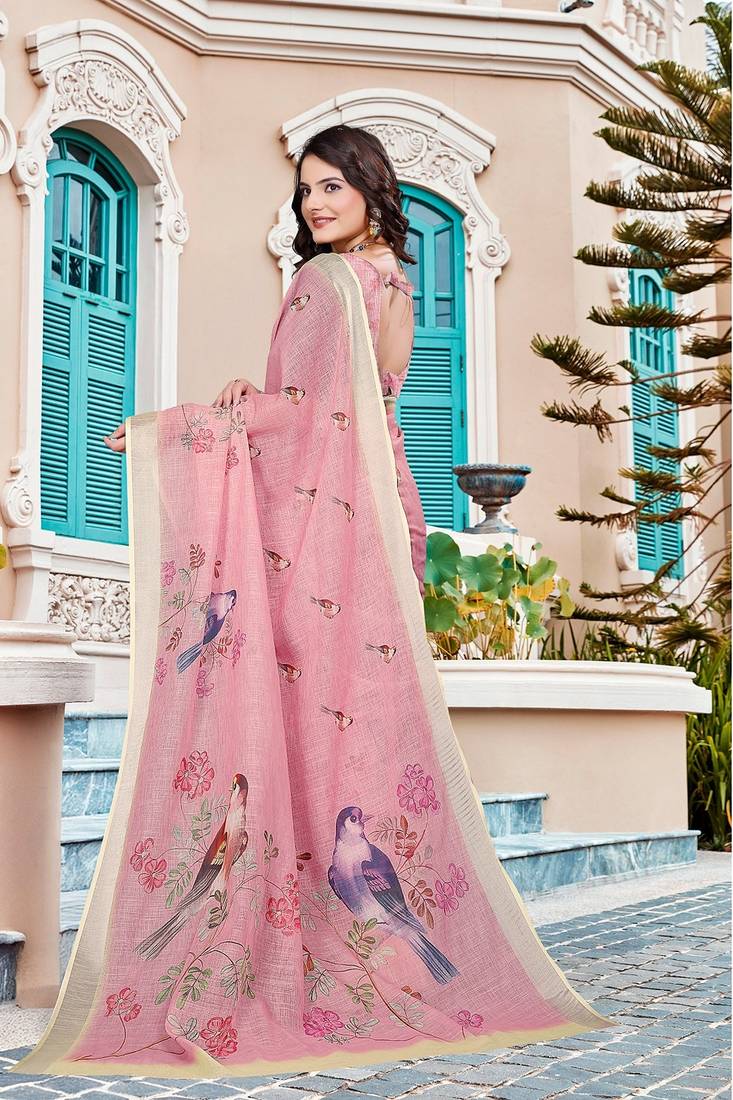 peach printed pure cotton peach saree with blouse