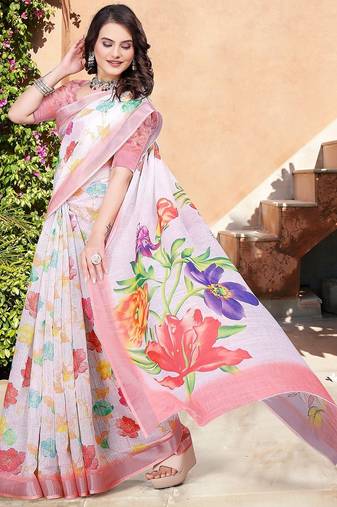 white printed pure cotton white saree with blouse