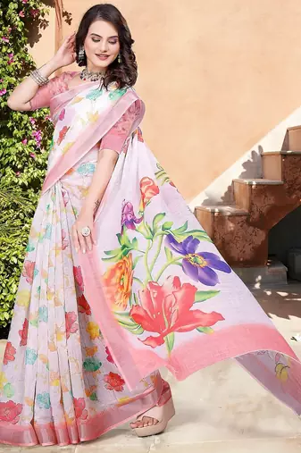 white printed pure cotton white saree with blouse