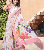 white printed pure cotton white saree with blouse