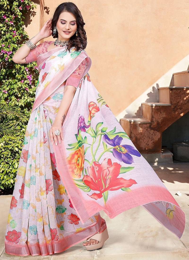 white printed pure cotton white saree with blouse