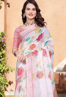white printed pure cotton white saree with blouse 2
