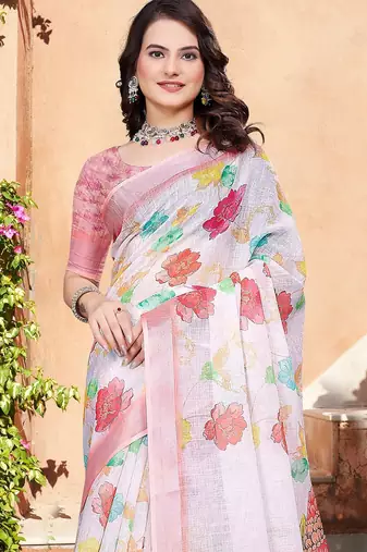 white printed pure cotton white saree with blouse