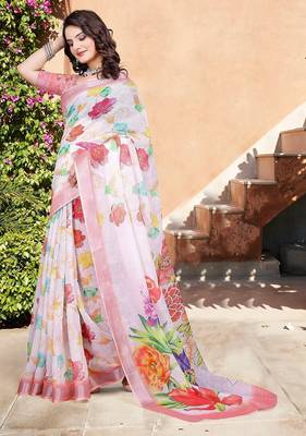 white printed pure cotton white saree with blouse 3