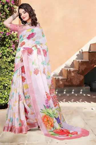 white printed pure cotton white saree with blouse