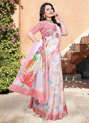 white printed pure cotton white saree with blouse 4