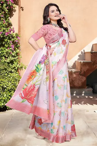 white printed pure cotton white saree with blouse