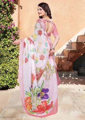 white printed pure cotton white saree with blouse 5