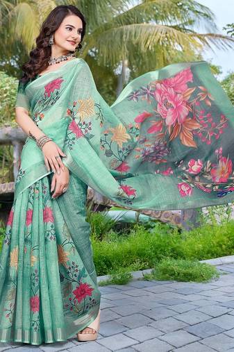 green printed pure cotton green saree with blouse