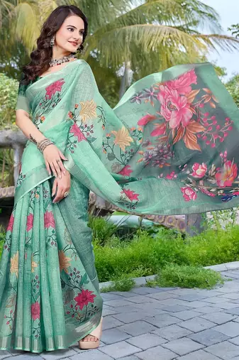 green printed pure cotton green saree with blouse