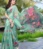 green printed pure cotton green saree with blouse
