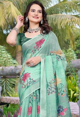 green printed pure cotton green saree with blouse 2