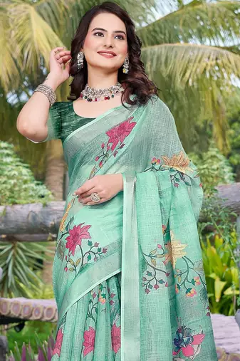 green printed pure cotton green saree with blouse