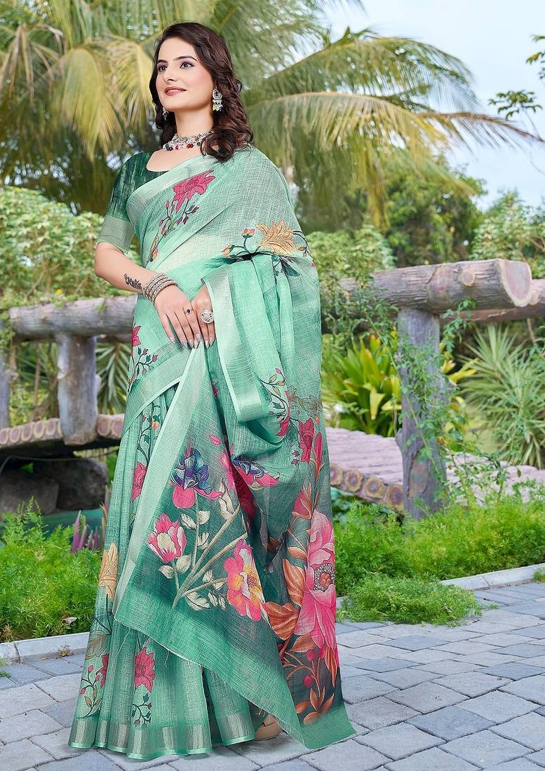 green printed pure cotton green saree with blouse